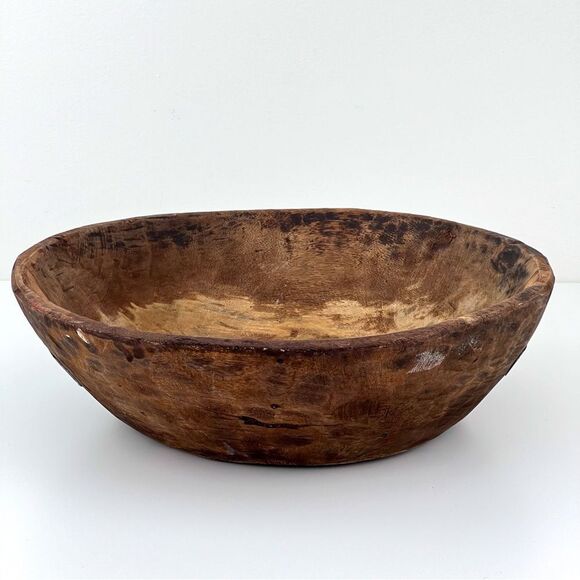 Antique Wooden Dough Kneading Round Parat Bowl Original Old Hand Carved - Picture 1 of 12